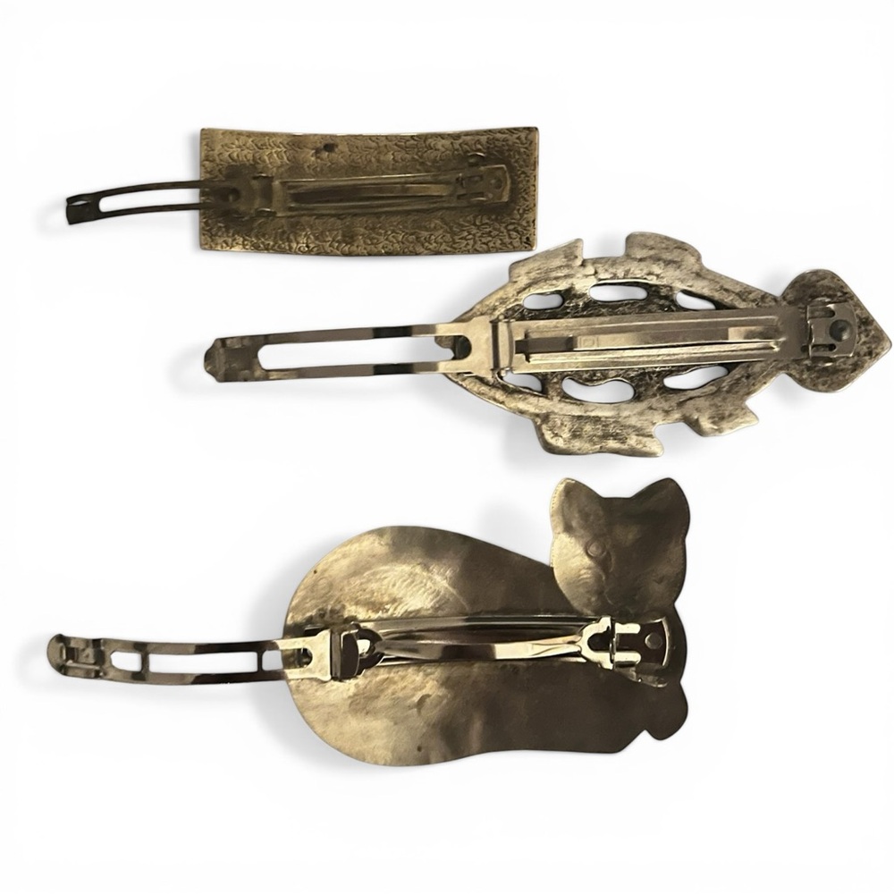 Vintage Hair Clips Lot Of 3 Barrette Etched Metal Cat FIsh Celestial folk art - Picture 12 of 13